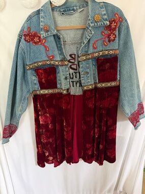 Boho Embroidered Denim and Velvet Jean Jacket - Red/Blue